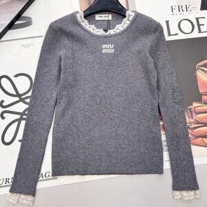 Miu Miu Gray Long Sleeve Top with White Lace Trim